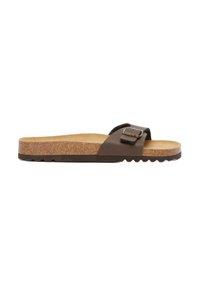 Sandalo marrone con slip-on, fondo in sughero, cinturino in pelle e fibbia in metallo. Suola in gomma testurizzata con motivo a onda per una migliore aderenza.