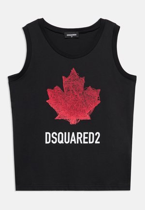Tricou negru fără mâneci cu un design abstract roșu de frunză de arțar și text alb „DSQUARED2” centrat sub grafică.
