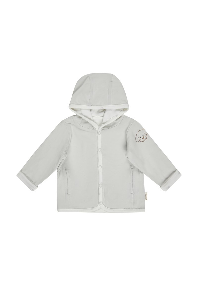 Light gray hooded jacket with a button front, side pockets, rolled cuffs, and a small brown dog outline on the left sleeve. Soft fabric texture.