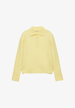 Langärmliger, hellgelber Pullover mit Kragen und vier Knöpfen an der Vorderseite, aus einem weichen, strukturierten Stoff.