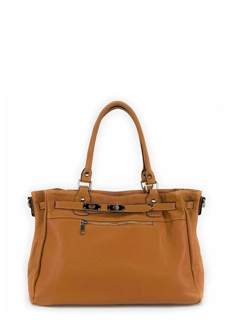 Sac à main en cuir tan avec une surface texturée, deux anses supérieures, poche zippée à l'avant et accents en métal noir. Design spacieux.