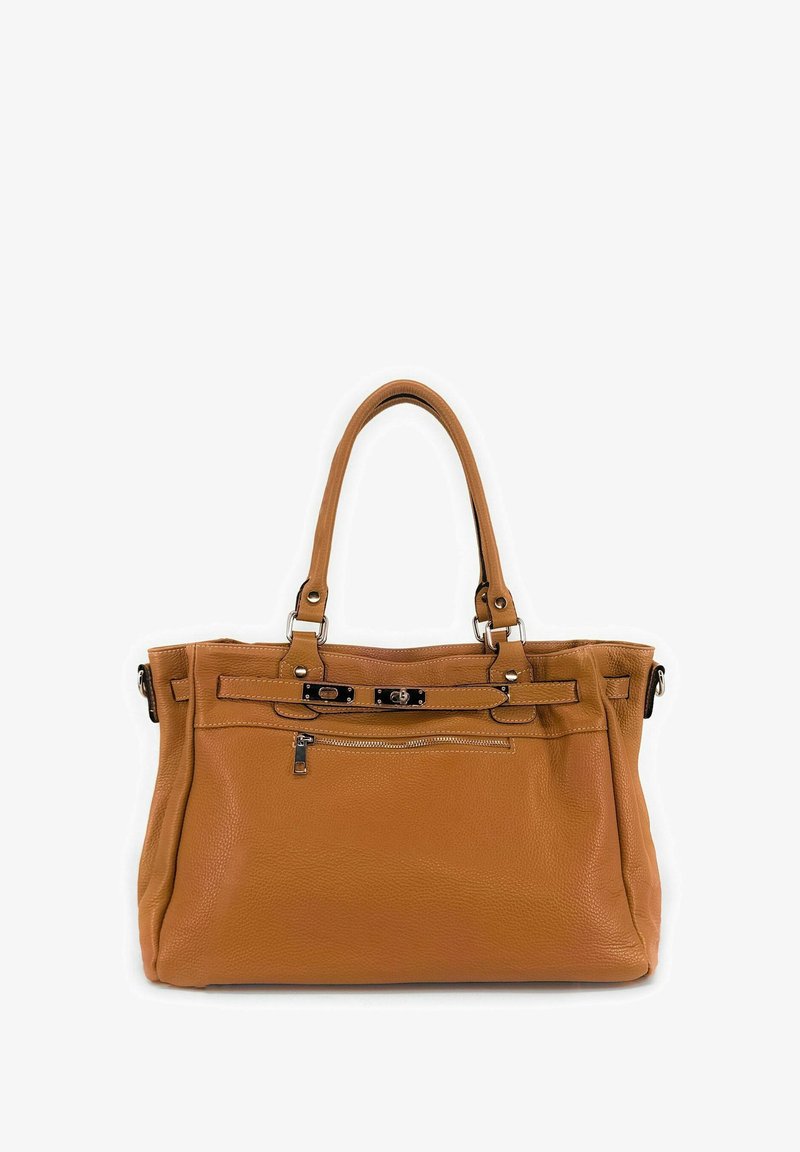 Sac à main en cuir tan avec une surface texturée, deux anses supérieures, poche zippée à l'avant et accents en métal noir. Design spacieux.