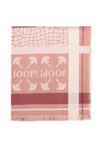 Tissu présentant un motif texturé rose avec des designs floraux et le mot "JOOP!" en blanc, terminé par des bords frangés.