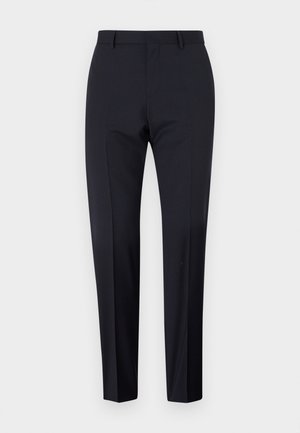 Marineblaue maßgeschneiderte Hosen, mit flachem Frontschnitt, slim fit, mit Gürtelschlaufen und Seitentaschen. Glattes Material mit einem klaren Finish, ohne sichtbare Muster oder Akzente.