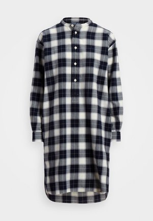 Navyblauw-wit geruite jurk met lange mouwen, mandarijnkraag en knopenrij aan de voorkant.