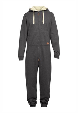 Grauer Zip-Up-Overall mit leichter grauer Kapuze, Fronttasche und elastischen Bündchen. Mit einem Leder-Patch in der Nähe der Taille. Weicher Stoff.