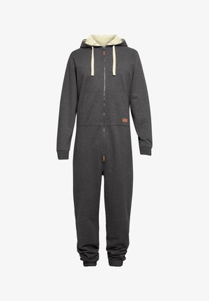 Tutina grigia con zip, dotata di un cappuccio grigio chiaro, tasca frontale e polsini elastici. Presenta una patch in pelle vicino alla vita. Tessuto morbido.