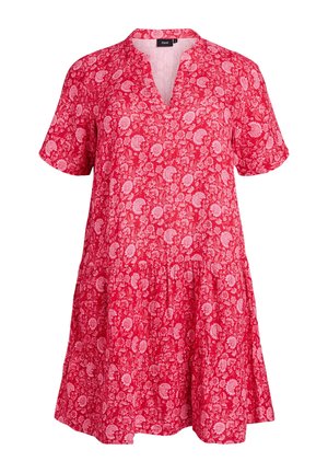 Rød kortærmet kjole med hvidt blomsterprint, V-hals, løs pasform og detaljer med rynket skørt.