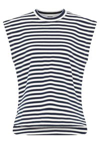 Top de manga corta a rayas en navy y blanco con un escote redondo y un corte relajado. Material de algodón con una textura suave.
