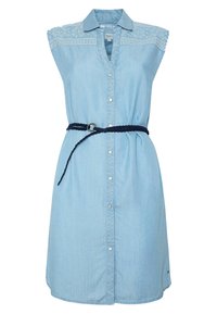 Light blue denim shirt dress with short sleeves, embroidered shoulder detailing, button front closure, and a navy braided belt with a metal ring.
