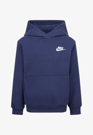 Sötétkék kapucnis pulóver, pamut keverékből készült. Elöl kenguruzsebe van, bordás mandzsettái és fehér hímzett Nike logója található a mellkasán.