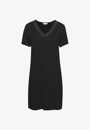 Zwarte korte mouwen jurk met een V-halslijn, versierd met kant. Gemaakt van zachte stof, vallend tot halverwege de bovenbenen, met een losse pasvorm en minimale details.