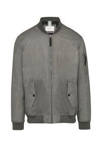 Graue Bomberjacke mit Reißverschluss vorne, zwei seitlichen Taschen, gerippten Bündchen und einer einzigen Reißverschlusstasche am linken Ärmel. Glatte Textur.