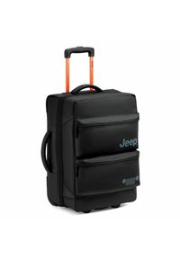 Sac à dos à roulettes noir avec deux zips sur le devant, poignée rétractable orange et logo Jeep. Fabriqué en tissu durable avec une texture lisse.