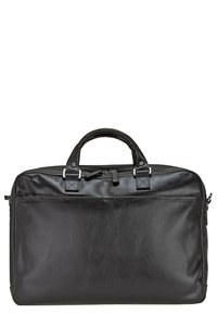 Valigetta in pelle nera con doppie maniglie superiori, chiusura con zip e accessori in argento. Texture liscia e forma rettangolare con design minimalista.