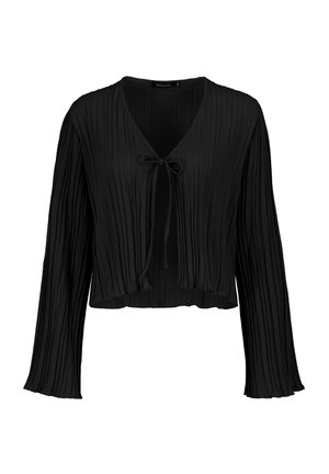 Schwarz gefältete Bluse mit V-Ausschnitt, langen Ärmeln und einer Bindeschließe an der Vorderseite. Weicher Textil mit einem verkürzten Schnitt und Rüschensäumen.
