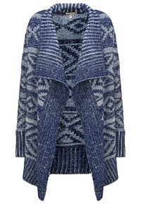 Cardigan bleu et blanc tricoté à ouverture frontale avec motifs géométriques, poignets côtelés et large col châle.