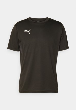 Schwarzes Kurzarm-Sportshirt aus atmungsaktivem Material, mit einem weißen Puma-Logo auf der linken Brustseite und seitlichen Akzenten.