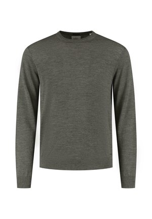 Mørkegrøn langærmet sweater lavet af blødt, struktureret stof. Har en rund halsudskæring og ribstrikkede manchetter med en lige kant og minimal detaljer.