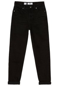 Vaqueros mom de denim negro con cintura de talle medio, bajos remangados y dos bolsillos delanteros. Presentan una clásica cremallera con cierre de botones.