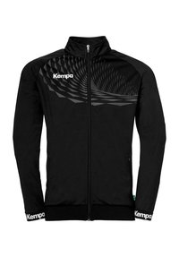 Black zip-up jacket with a high collar, featuring a geometric pattern on the upper half, two side pockets, and white branding on sleeves.
