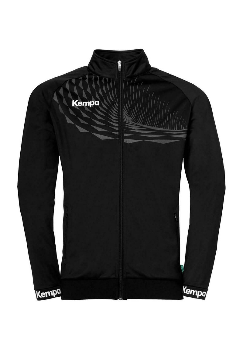 Black zip-up jacket with a high collar, featuring a geometric pattern on the upper half, two side pockets, and white branding on sleeves.