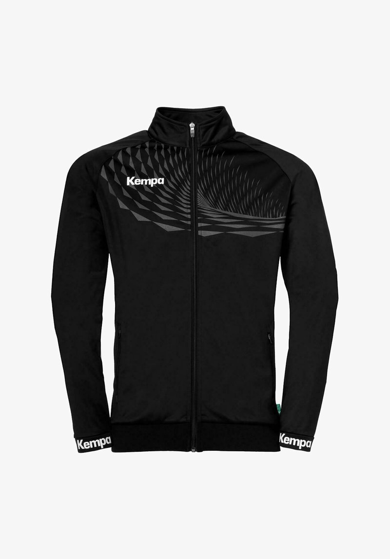 Black zip-up jacket with a high collar, featuring a geometric pattern on the upper half, two side pockets, and white branding on sleeves.