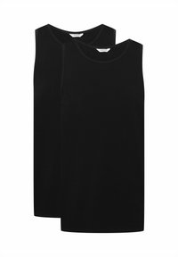 Black cotton tank tops, featuring a classic crew neck design, sleeveless cut, and smooth texture. Sold as a pair.