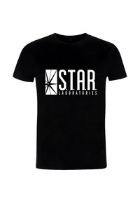 Černé bavlněné tričko s výrazným bílým logem s nápisem "S.T.A.R. LABORATORIES" a grafikou hvězdného výbuchu vlevo.
