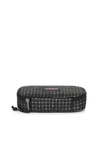 Astuccio nero con motivo a griglia grigia, dotato di chiusura con zip e un piccolo anello. Realizzato in tessuto resistente con una forma elegante.