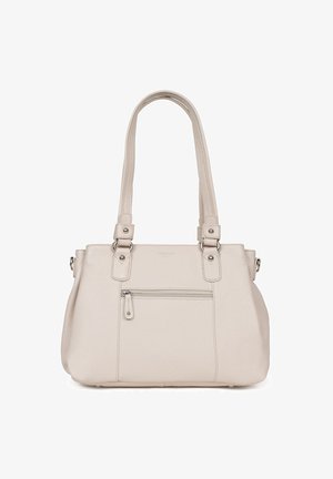 Beige Leder-Tote mit zwei Schulterriemen, genähten Details, vorderem Reißverschlussfach und silberfarbenen Hardware-Akzenten. Glatte Textur.
