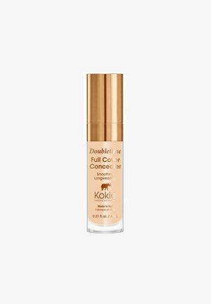 Kokie Doubletime Full Cover Peitevoidetta beigen sävyssä kultaisella korkilla, merkintä sileyttävä ja pitkäkestoinen, 0,21 fl oz (6 ml) pullo.