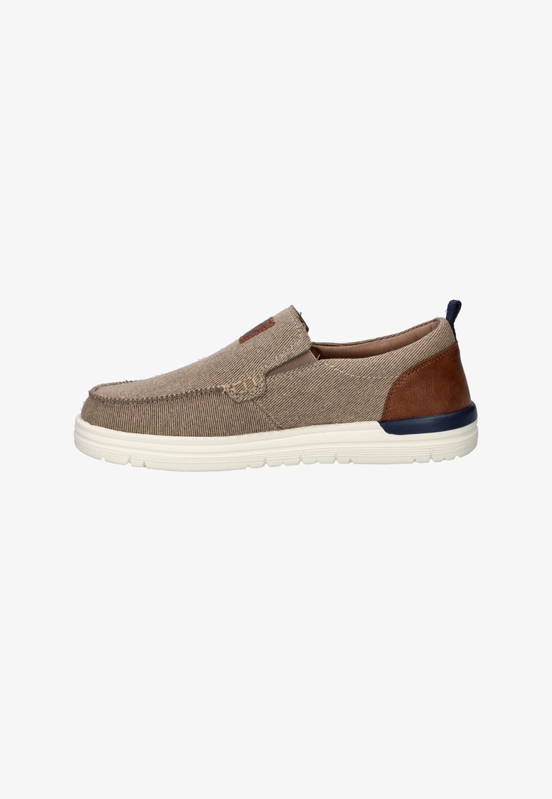 Chaussure décontractée à enfiler en tissu velours côtelé beige, patch talon en cuir marron, languette de tirage bleu marine et semelle en caoutchouc blanche.
