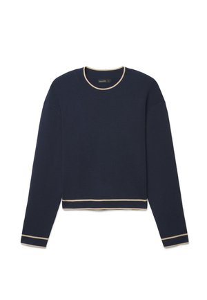 Maglione blu navy a manica lunga con rifiniture beige su collo, polsini e orlo, con scollo tondo e silhouette aderente.