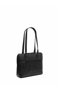 Schwarze Leder-Tote mit doppelten Tragegriffen, Reißverschlussfächern und einer glatten Textur. Verfügt über eine zusätzliche Fronttasche und kontrastierende Nähte.