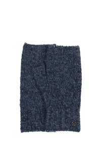 Pletene brezprstne rokavice v temno mornarsko modri barvi, z teksturiranim dizajnom in malim kovinskim logotipom. Mehka in topla materiala z rebrastimi robovi.