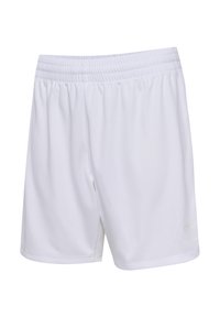 Pantalones cortos deportivos blancos con una cintura elástica, textura suave y un pequeño logo en un tono claro en el lado inferior izquierdo.