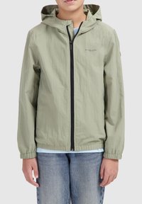 Lichtgroene, ritssluiting hooded jacket met elastische manchetten en zoom. Gemaakt van lichtgewicht materiaal; heeft een klein logo op de borst en zijzakken.