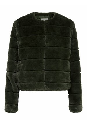 Veste en fausse fourrure vert foncé avec des sections matelassées horizontales, manches longues et col rond, présentée sur fond blanc.
