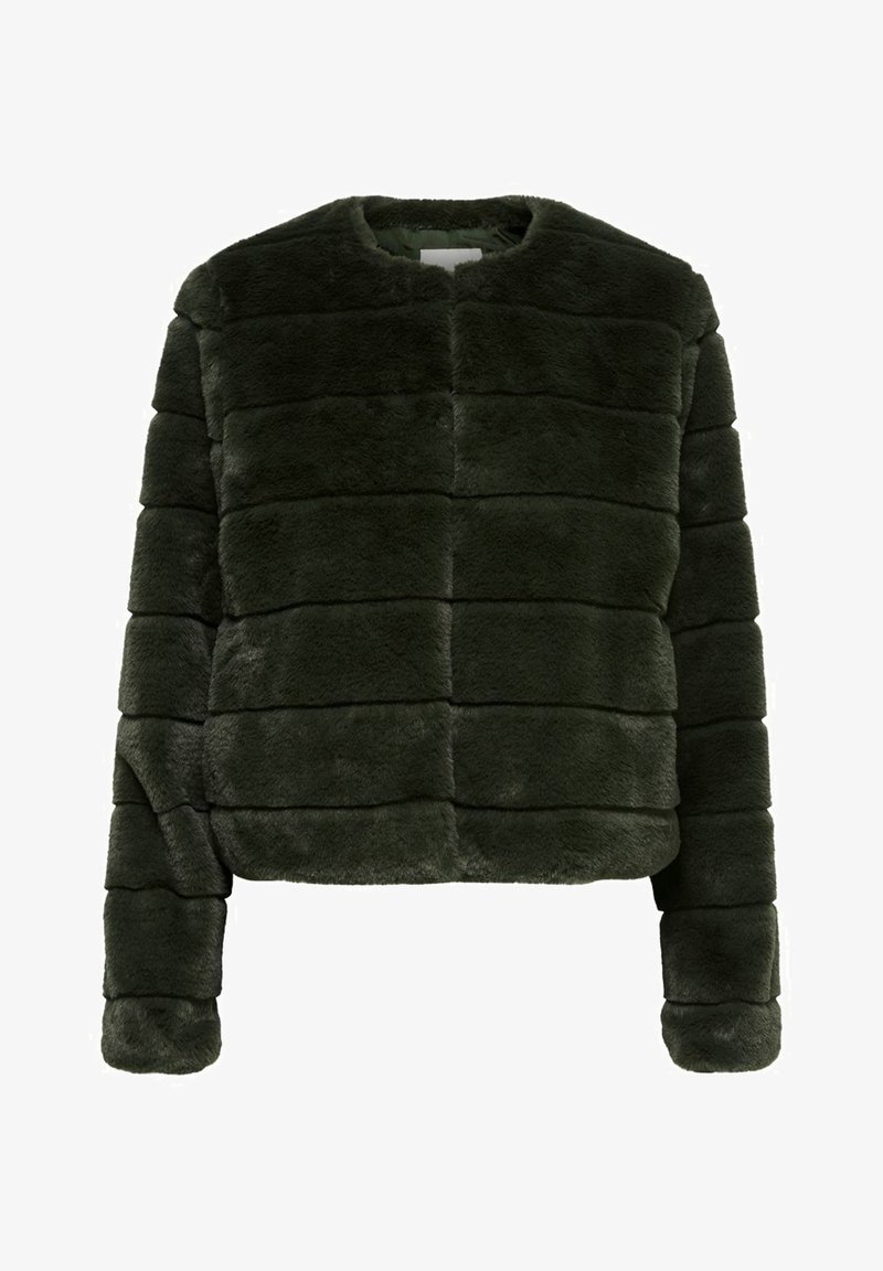 Veste en fausse fourrure vert foncé avec des sections matelassées horizontales, manches longues et col rond, présentée sur fond blanc.