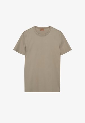 Beige kortærmet t-shirt lavet af blødt bomuldsstof. Rund hals, lige kant og minimale sømdetaljer. Etiket på bagsiden.