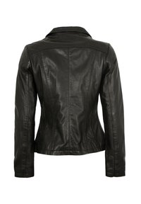 Schwarze Lederjacke mit angepasstem Design, mit Reverskragen und dezenten Stickdetails. Glatte Textur und lange Ärmel. Rückansicht gezeigt.