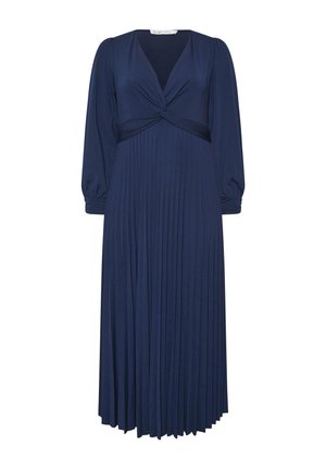 Granatowa sukienka midi z długim rękawem, plisowanym dołem, dekoltem w serek i skręconym węzłem na biuście.