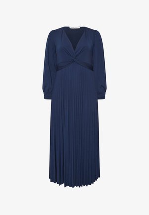 Marineblauwe midi-jurk met lange mouwen, geplooide rok, V-hals en gedraaide knoopdetail bij de buste.