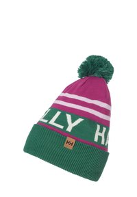 Gorro de punto en rosa y verde, con rayas blancas y texto. Parte superior adornada con un pom-pom verde, hecho de tela suave.