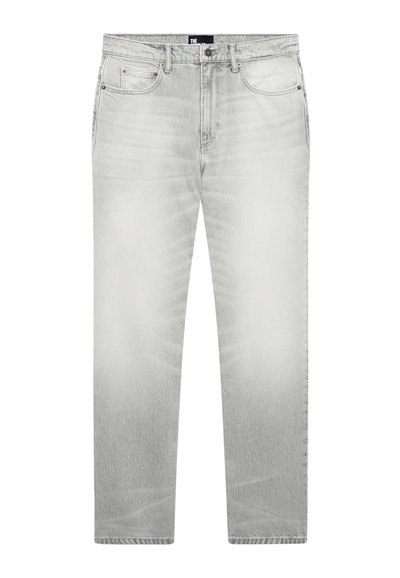 Jean en denim délavé gris clair avec bouton avant, fermeture éclair et design à cinq poches, présenté à plat sur fond blanc.