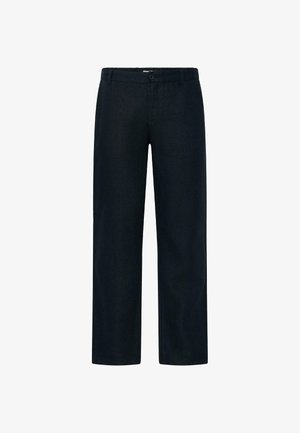 Sorte bukser med lige ben, bæltestropper, knaplukning og forlommer, vist mod en hvid baggrund.