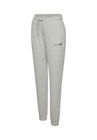 Graue gerippte Sweatpants mit elastischem Bund und Kordelzug. Sie verfügen über eine Seitentasche und schmal zulaufende Bündchen an den Knöcheln.
