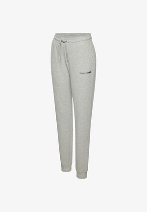 Graue gerippte Sweatpants mit elastischem Bund und Kordelzug. Sie verfügen über eine Seitentasche und schmal zulaufende Bündchen an den Knöcheln.