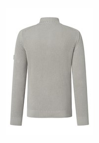 Grauer Strickpullover mit hohem Kragen, langen Ärmeln, strukturiertem Muster sowie gerippten Bündchen und Saum. Verfügt über ein kleines Etikett am linken Ärmel.